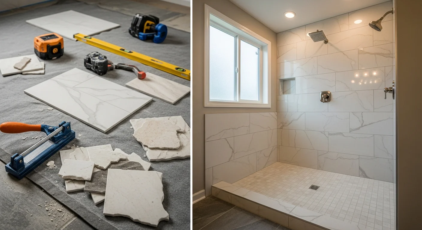Modern bathroom with walk-in shower and cultured stone finishes