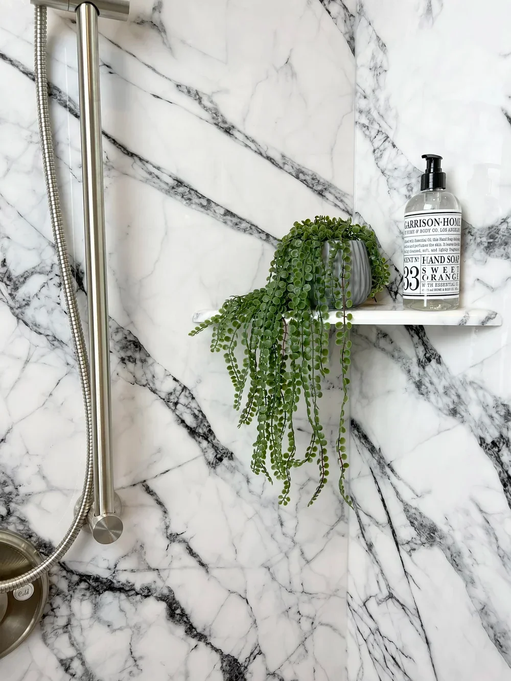 Marble shower wall with brushed nickel showerhead and floating shelf with plant