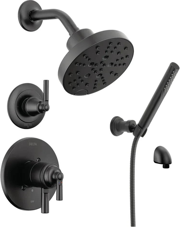 Matte black Delta Saylor shower fixtures including valve, rainfall head, handheld wand, and trim rings