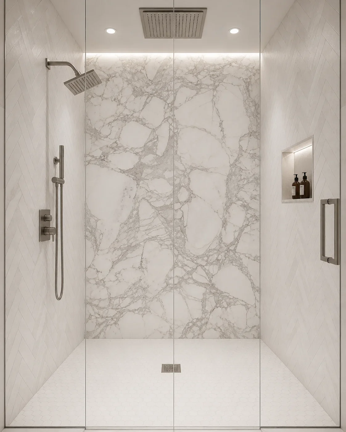 Walk-in shower with Calcutta marble tile, frameless glass doors, and dual showerheads