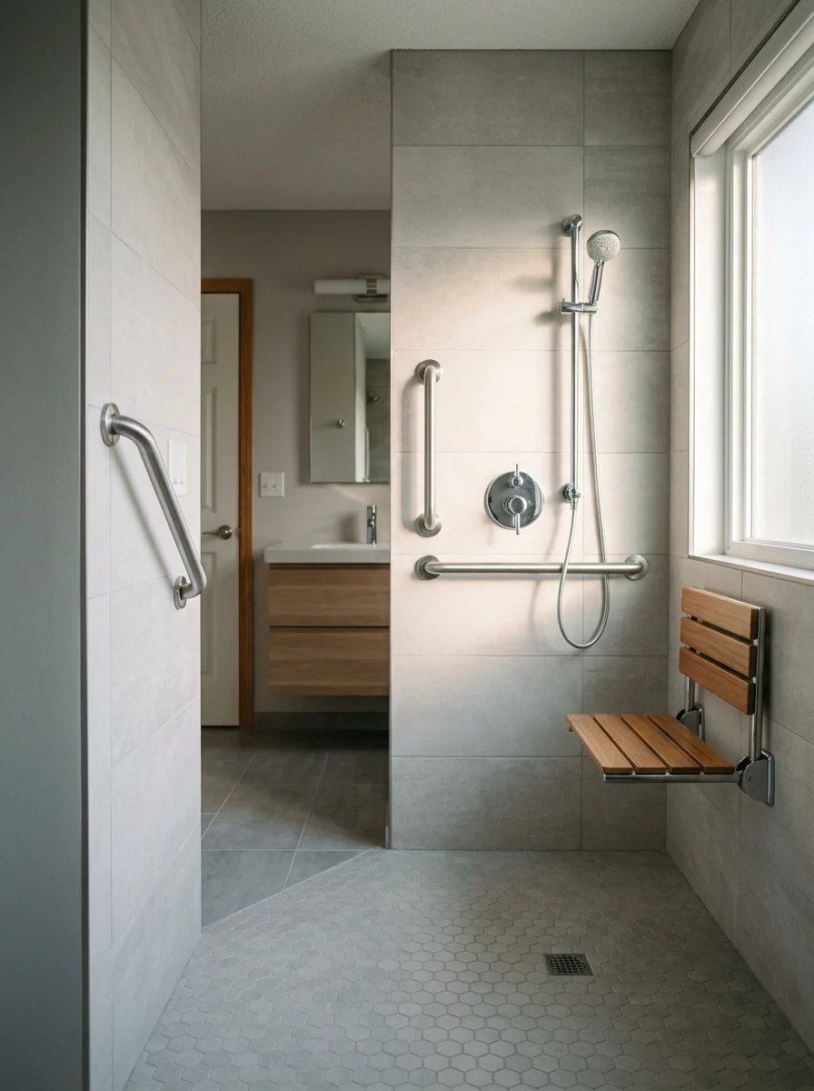 Accessible bathroom with grab bars and spacious walk-in shower in a suburban Andover residence