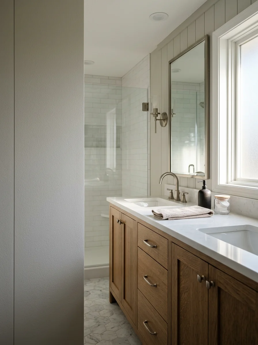Bathroom vanity with moisture-resistant cabinetry and dual sinks in a Circle Pines remodel