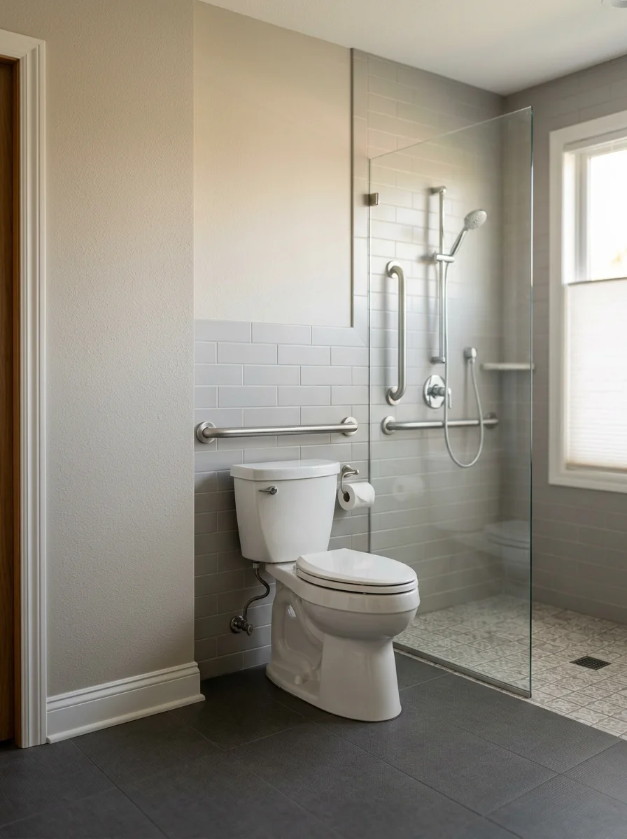 Accessible bathroom layout with comfort-height fixtures and grab bar installation in an Eden Prairie home
