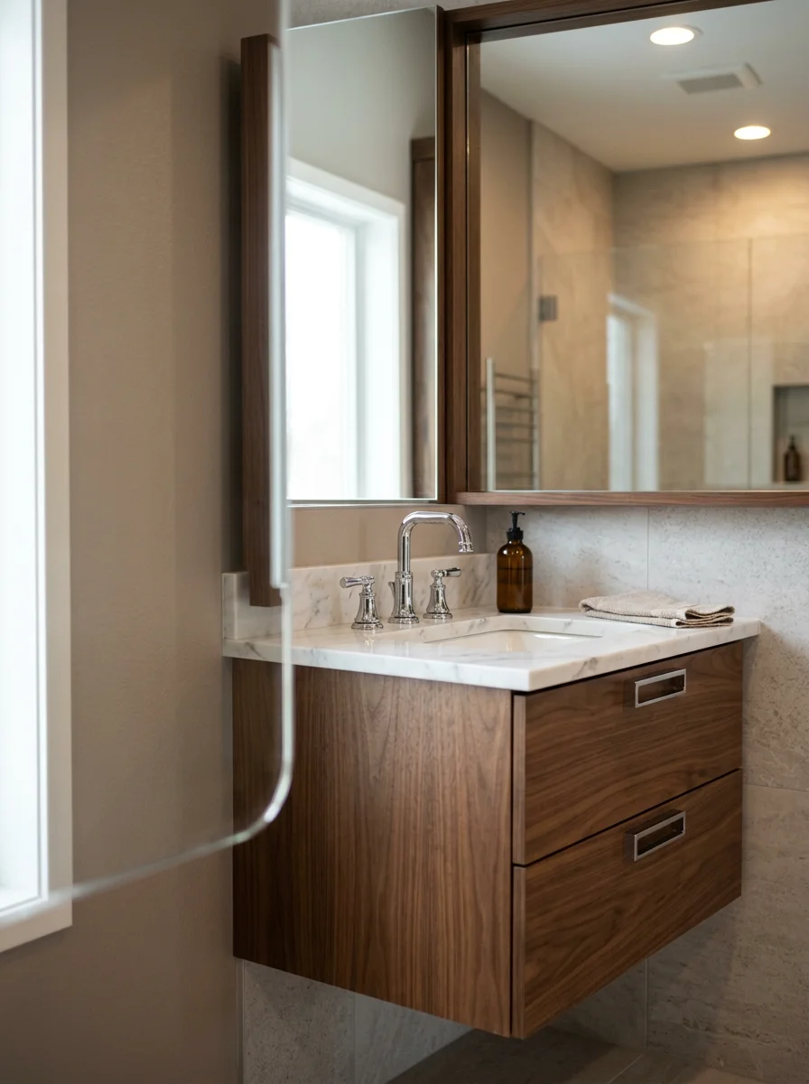 Bathroom vanity and mirror installation in a contemporary Lake Elmo home