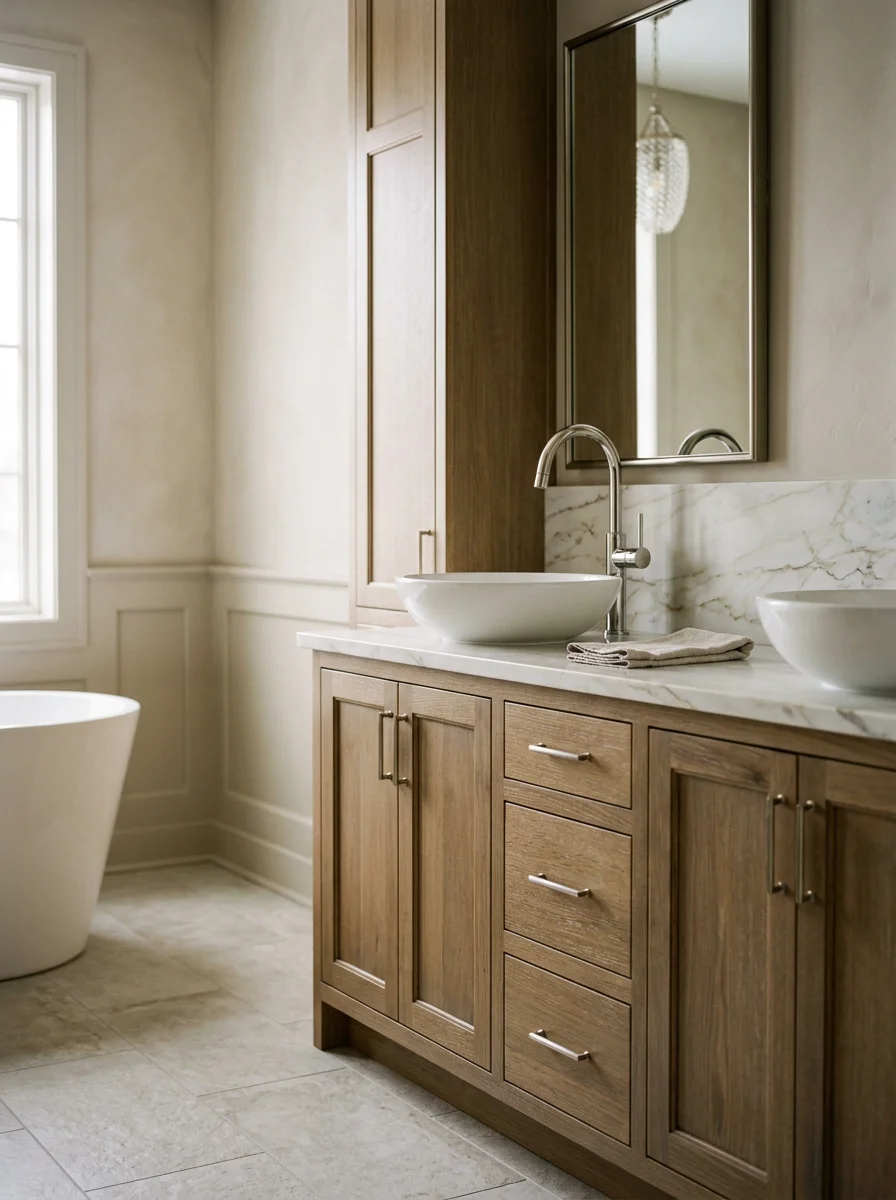 Luxury bathroom vanity with dual sinks and custom cabinetry in a Medina residence