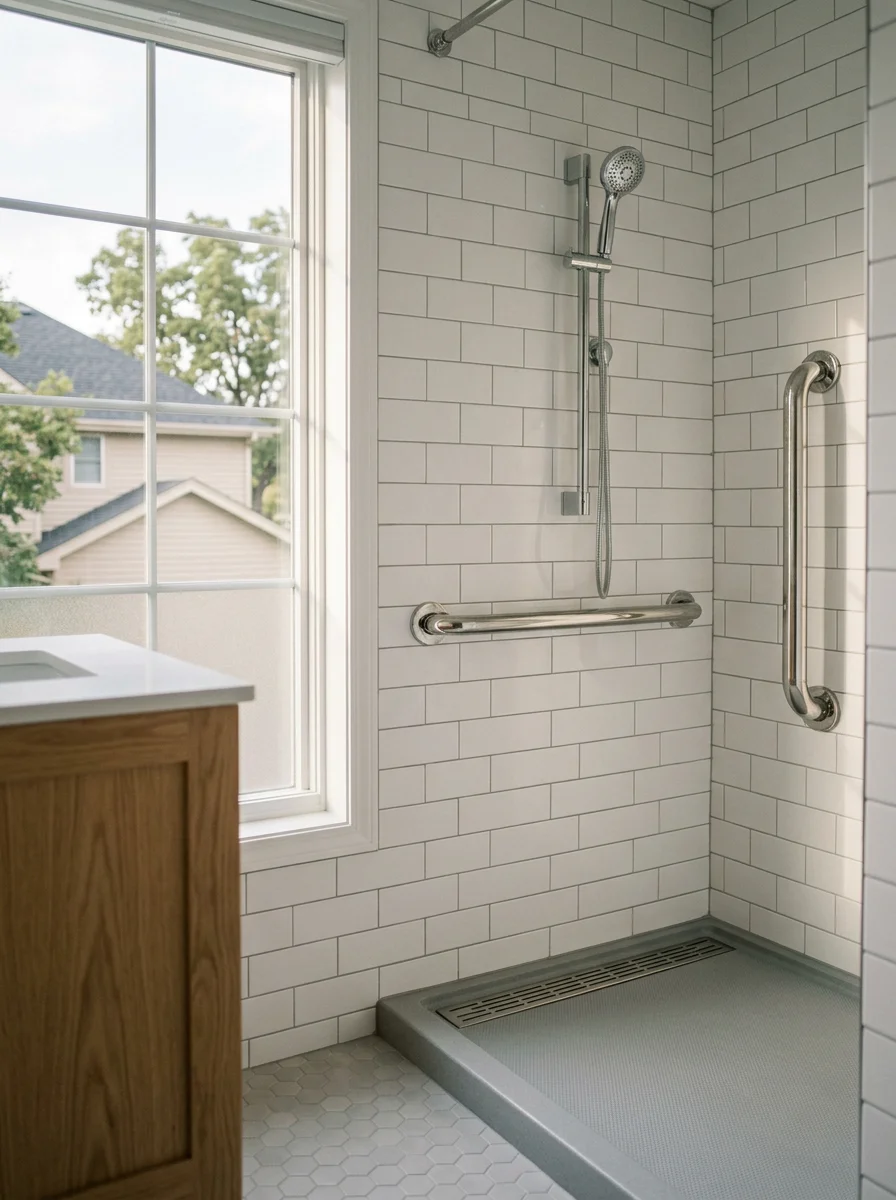 Accessible bathroom layout with tub-to-shower conversion, showing grab bar placement and improved drainage for aging homeowners in Mound