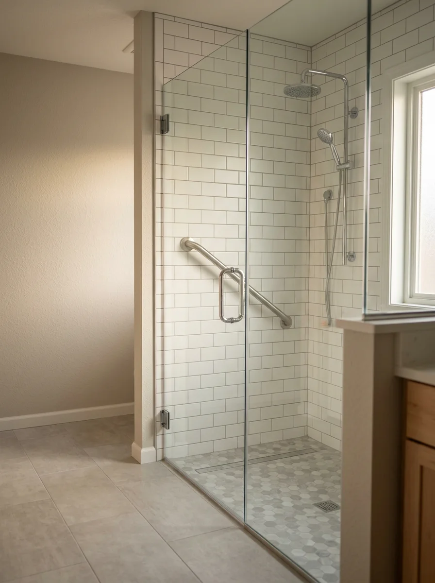 Modern walk-in shower installation in a Stillwater home with grab bars and water-resistant materials for flood-prone areas