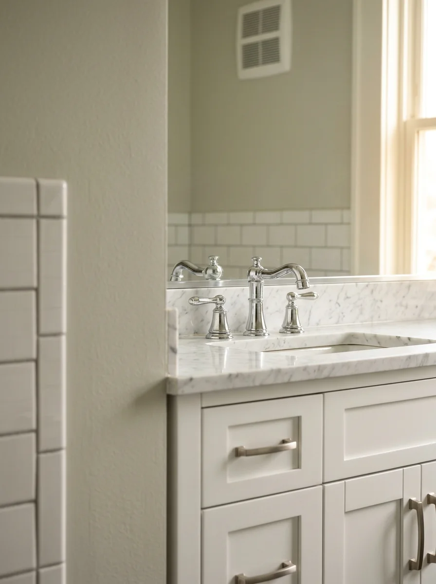 Bathroom vanity and faucet installation in a Victoria home with updated fixtures and ventilation