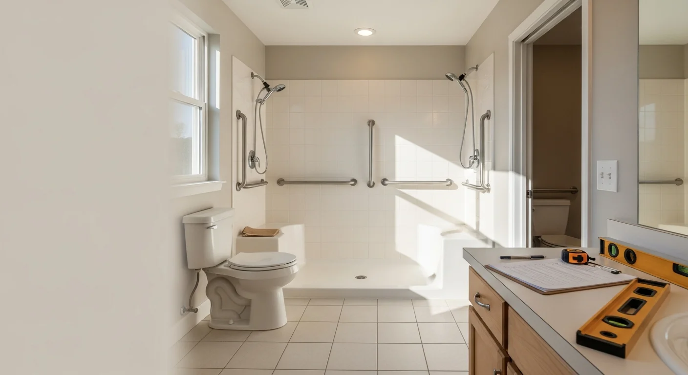 A bathroom in an Edina home showing a walk-in shower with a low threshold, wall-mounted grab bars, and non-slip flooring. A consultation checklist rests on the vanity counter during an accessibility assessment walkthrough.