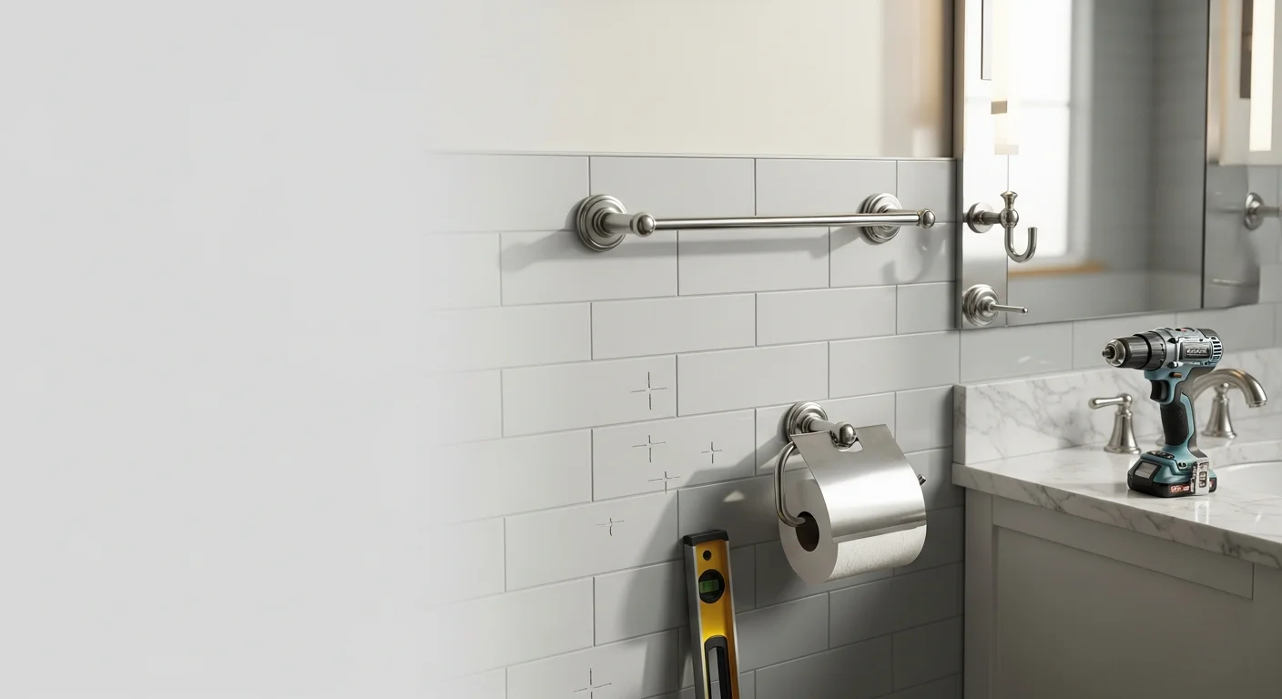 A freshly installed bathroom accessory set in an Edina home, showing a wall-mounted towel bar, robe hook, and toilet paper holder aligned and secured above white tile. The hardware is evenly spaced and level, with no visible wall damage or exposed fasteners.