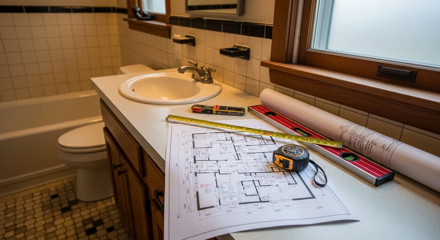 A detailed bathroom floor plan laid over a tape measure on a work surface, showing fixture placement and zone markings for an Edina home remodel consultation. A consultant reviews the layout drawing alongside a homeowner in a residential setting.
