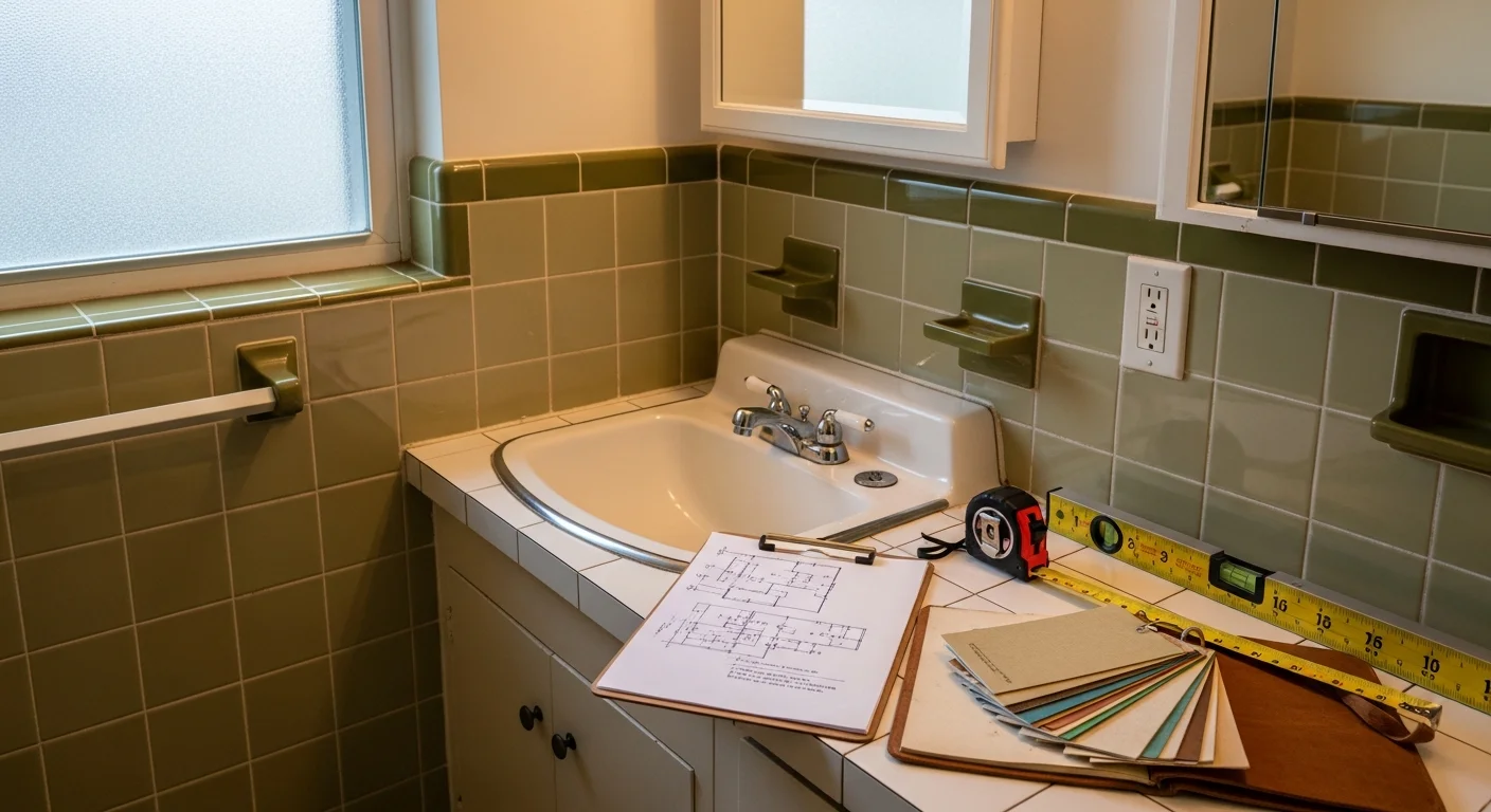 A Unity Bath and Shower LLC consultant reviewing a bathroom layout with an Edina homeowner, noting fixture placement and storage options in a dated postwar-era bathroom. The consultation takes place inside an Edina residential home with original tile and an older vanity visible in the background.