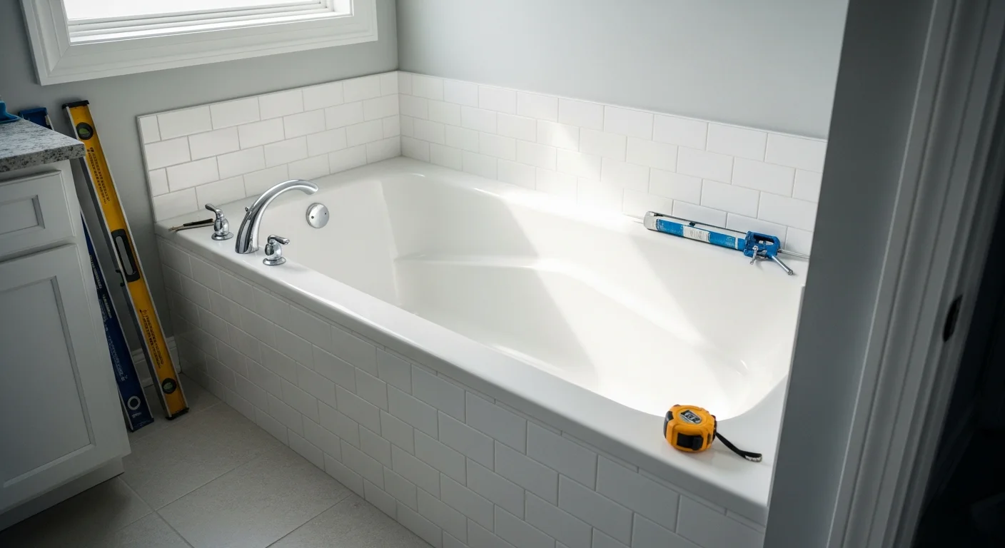 A newly installed bathtub in a clean bathroom with fresh wall surrounds and updated fixtures.