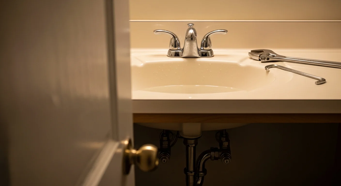 A newly installed bathroom sink faucet with clean chrome finish, mounted on a white porcelain basin in an Edina home bathroom. The surrounding sink deck is dry and free of mineral staining, showing the result of a completed faucet replacement.