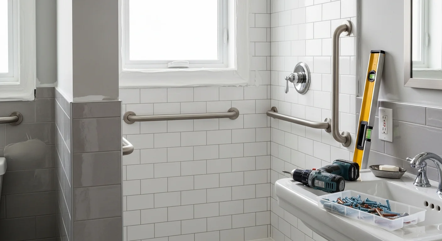 A professionally installed grab bar mounted on a tiled shower wall inside an Edina home bathroom. The bar is positioned at a horizontal angle near the shower entry to support balance during stepping in and out.