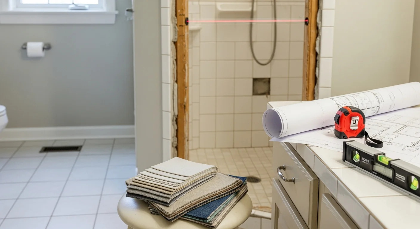 A Unity Bath and Shower LLC shower design consultation in progress inside an Edina home bathroom, showing a consultant reviewing layout options with a homeowner in a dated postwar-era bathroom space.