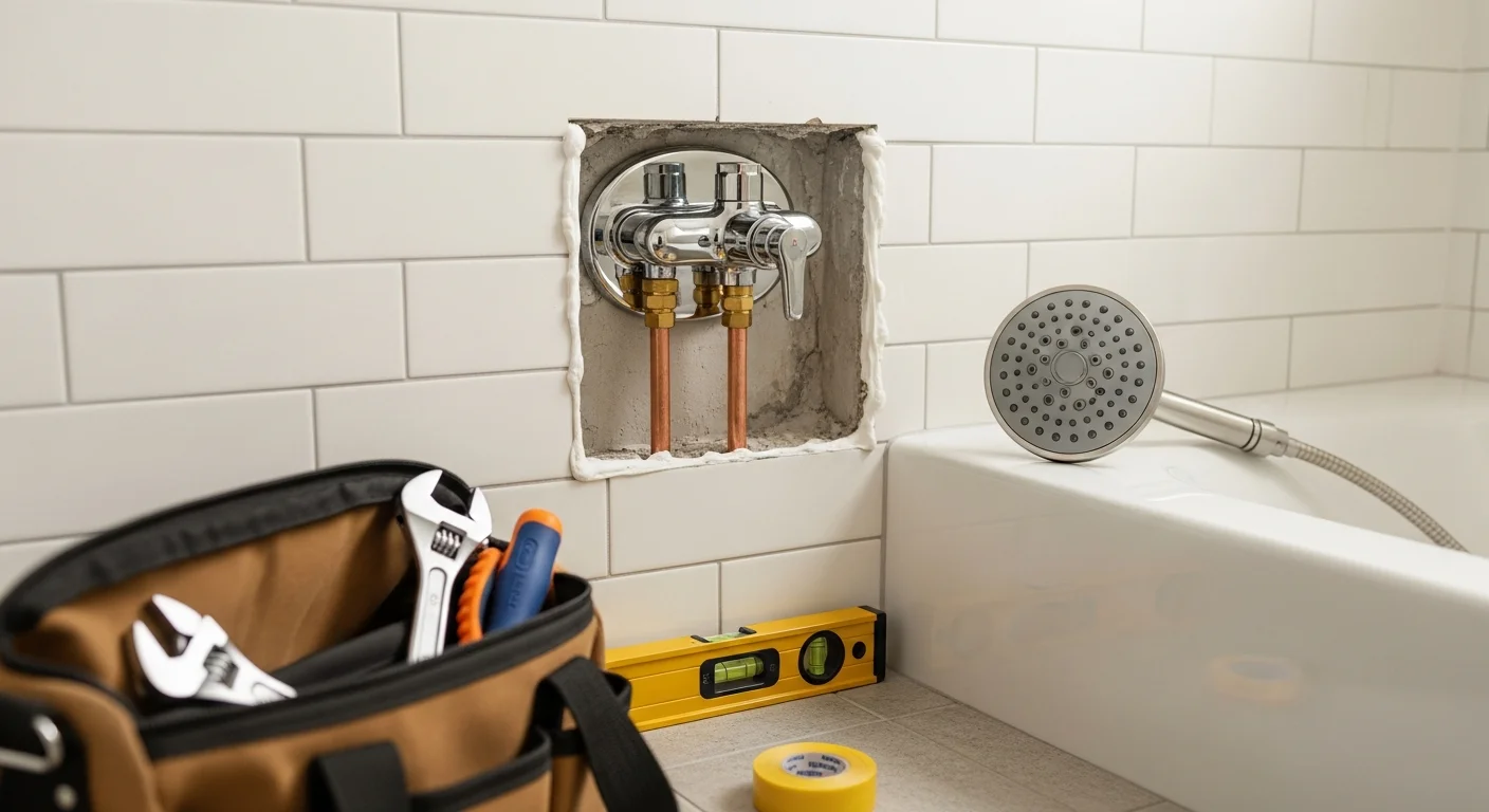 A newly installed shower fixture with a chrome showerhead, matching trim plate, and single-handle valve mounted on a tiled shower wall in an Edina home. The surrounding tile grout lines are clean and the fixture sits flush against the wall with no visible gaps.