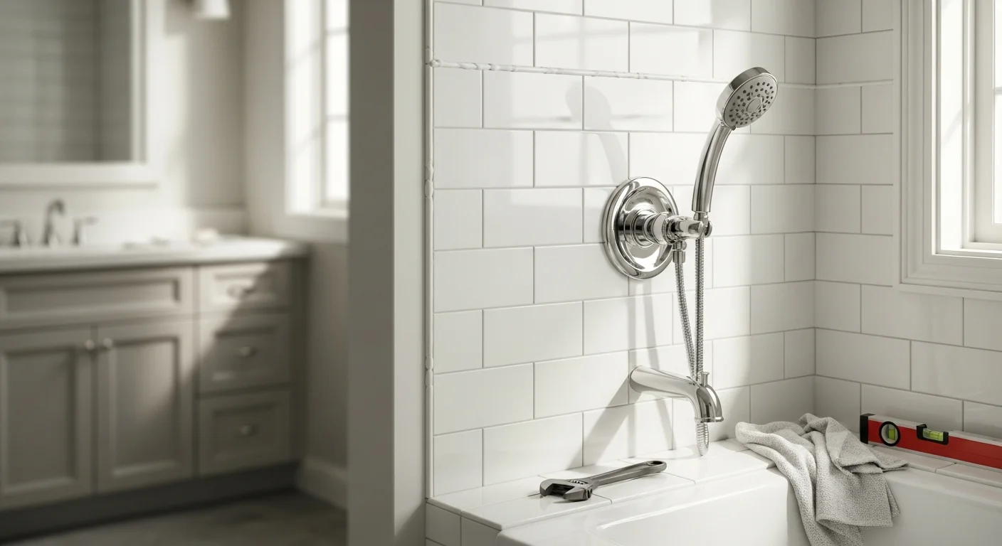 A newly installed chrome showerhead mounted on a tiled shower wall inside an Edina home, with clean supply connections and no visible corrosion or wear. The fixture is centered on the wall with a smooth finish, showing the completed upgrade by Unity Bath and Shower LLC.