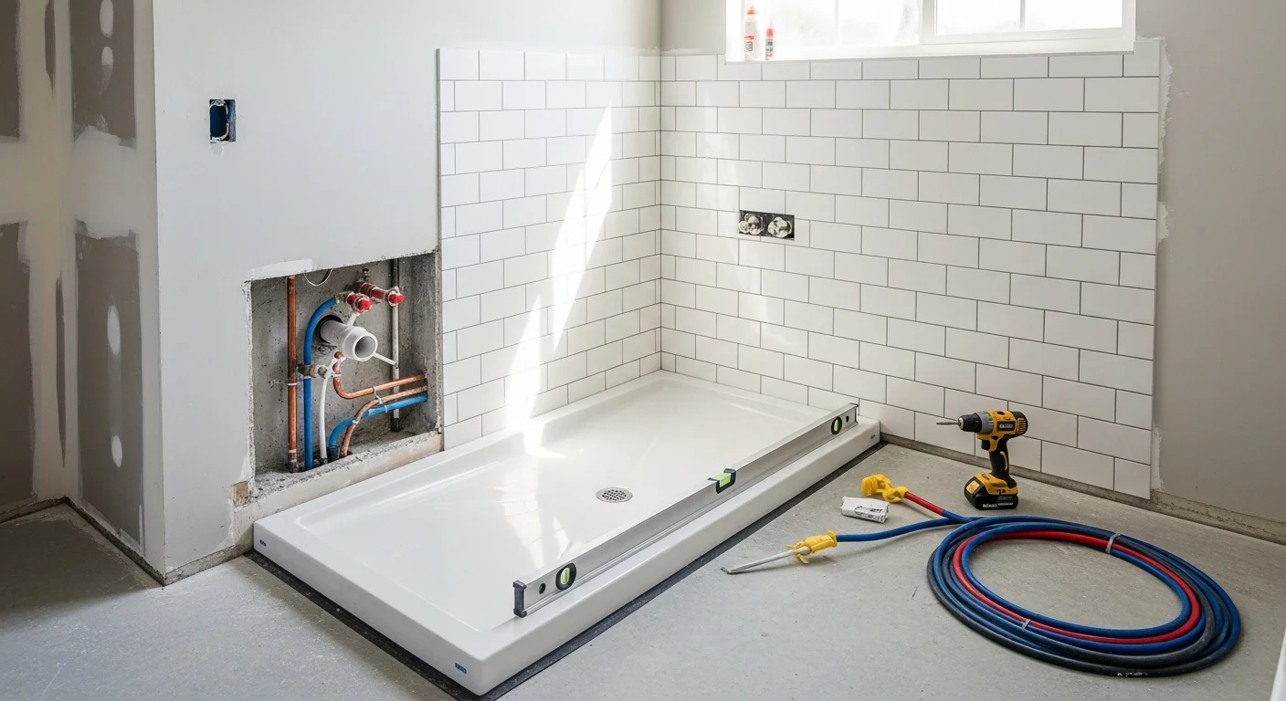 A finished tub-to-shower conversion showing a walk-in shower with tiled walls, a low-threshold base, and a handheld showerhead where a standard bathtub previously stood.