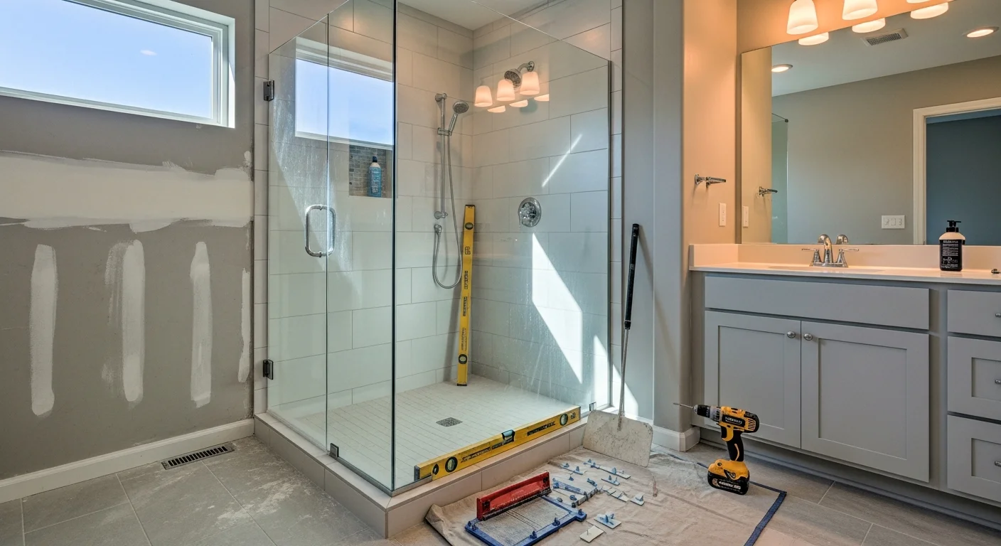 A newly installed walk-in shower featuring a low-threshold entry, clean wall panels, and a handheld shower fixture replacing a former tub-shower combo.