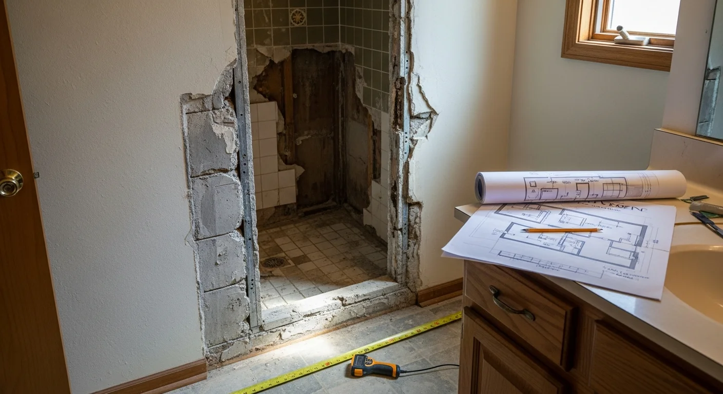 A redesigned wet area in an Edina home featuring a walk-in shower with tiled walls and a built-in bench. The layout reflects a consultation-based design plan by Unity Bath and Shower LLC.