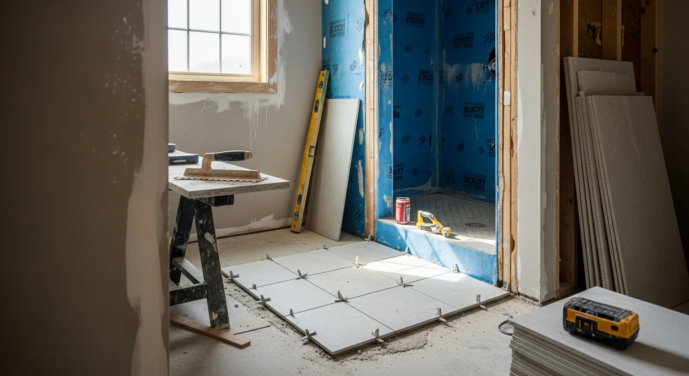 A remodeled bathroom wet area with new wall panels, updated tile flooring, and fresh shower fixtures.