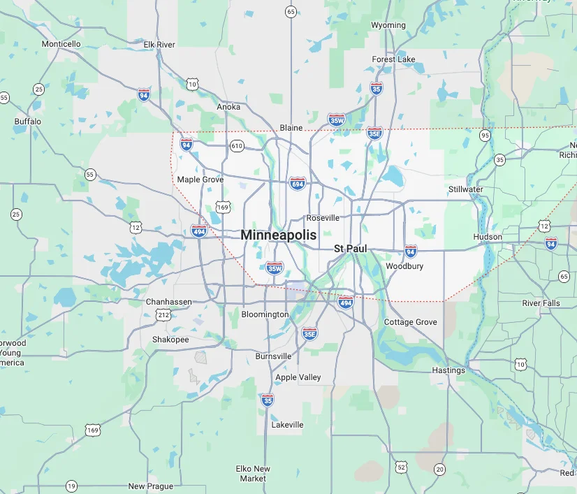 Service area map showing Twin Cities metro and surrounding cities